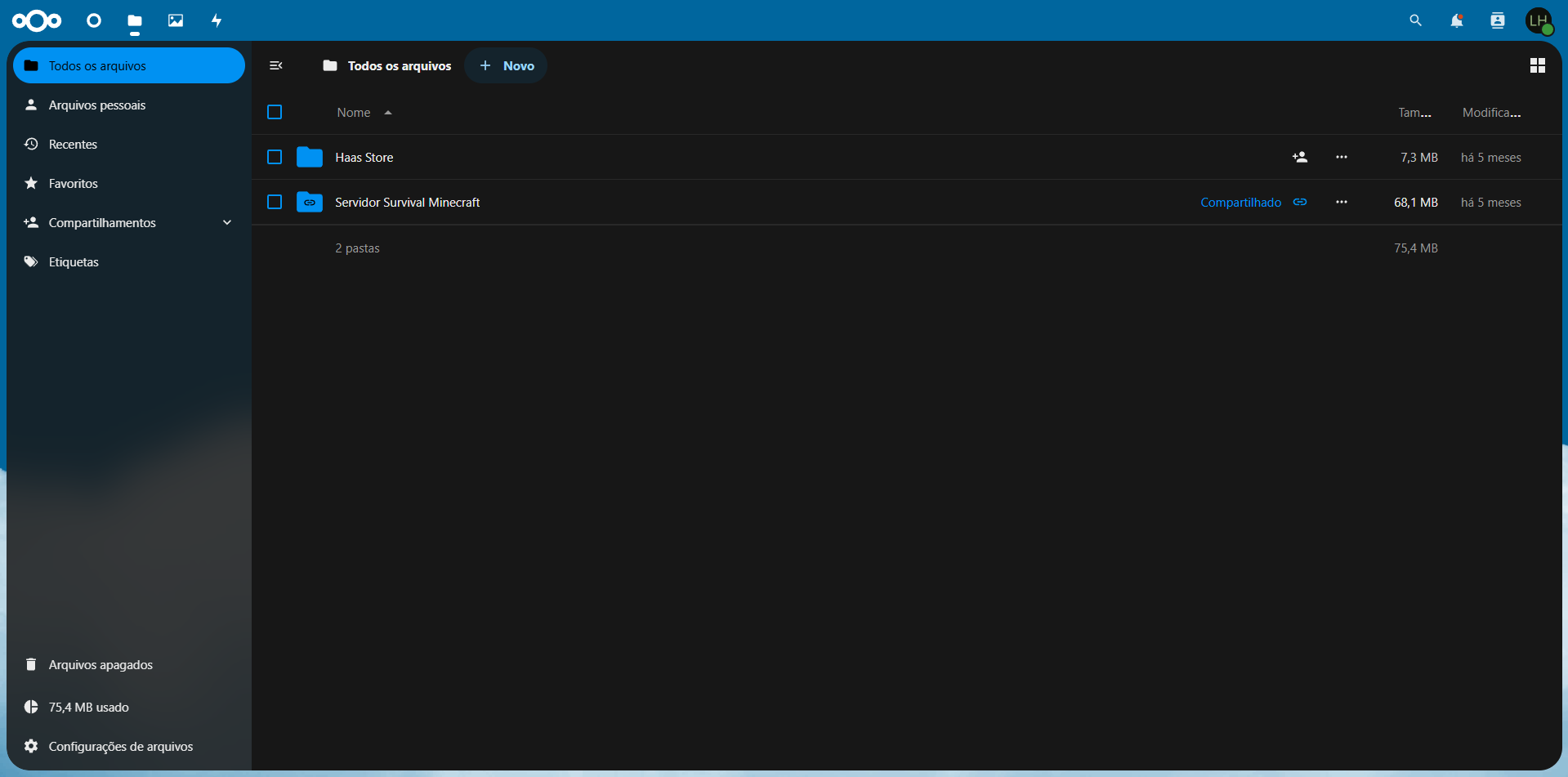 Interface do NextCloud